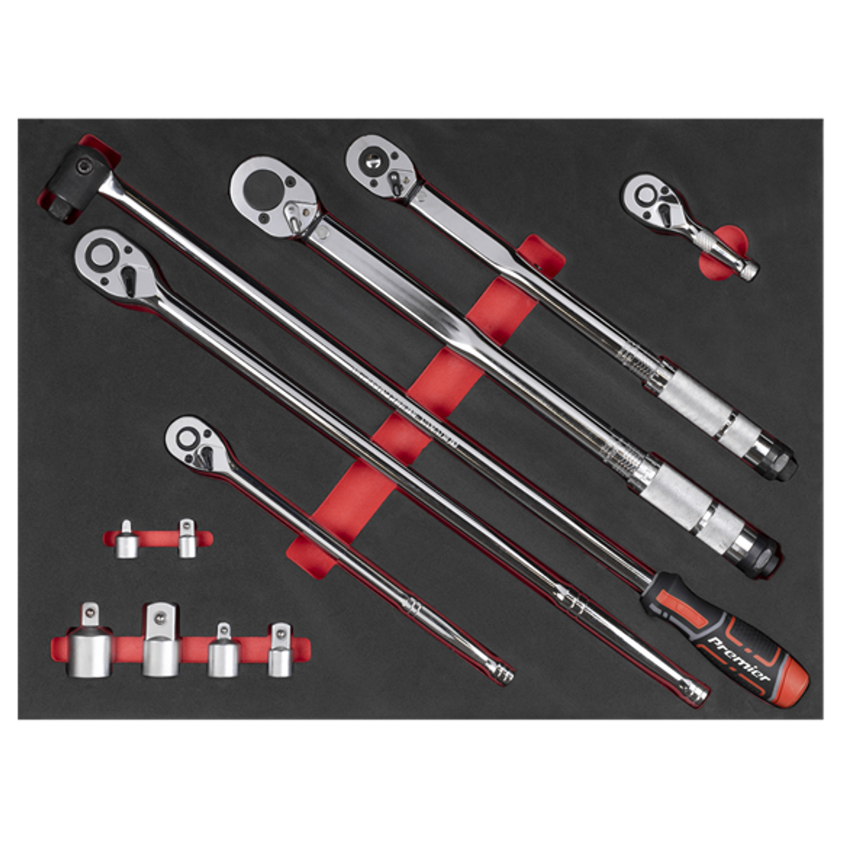 Ratchet, Torque Wrench, Breaker Bar & Socket Adapter Set with Tool Tray 3/8inSq & 1/2inSq Drive 12 Piece