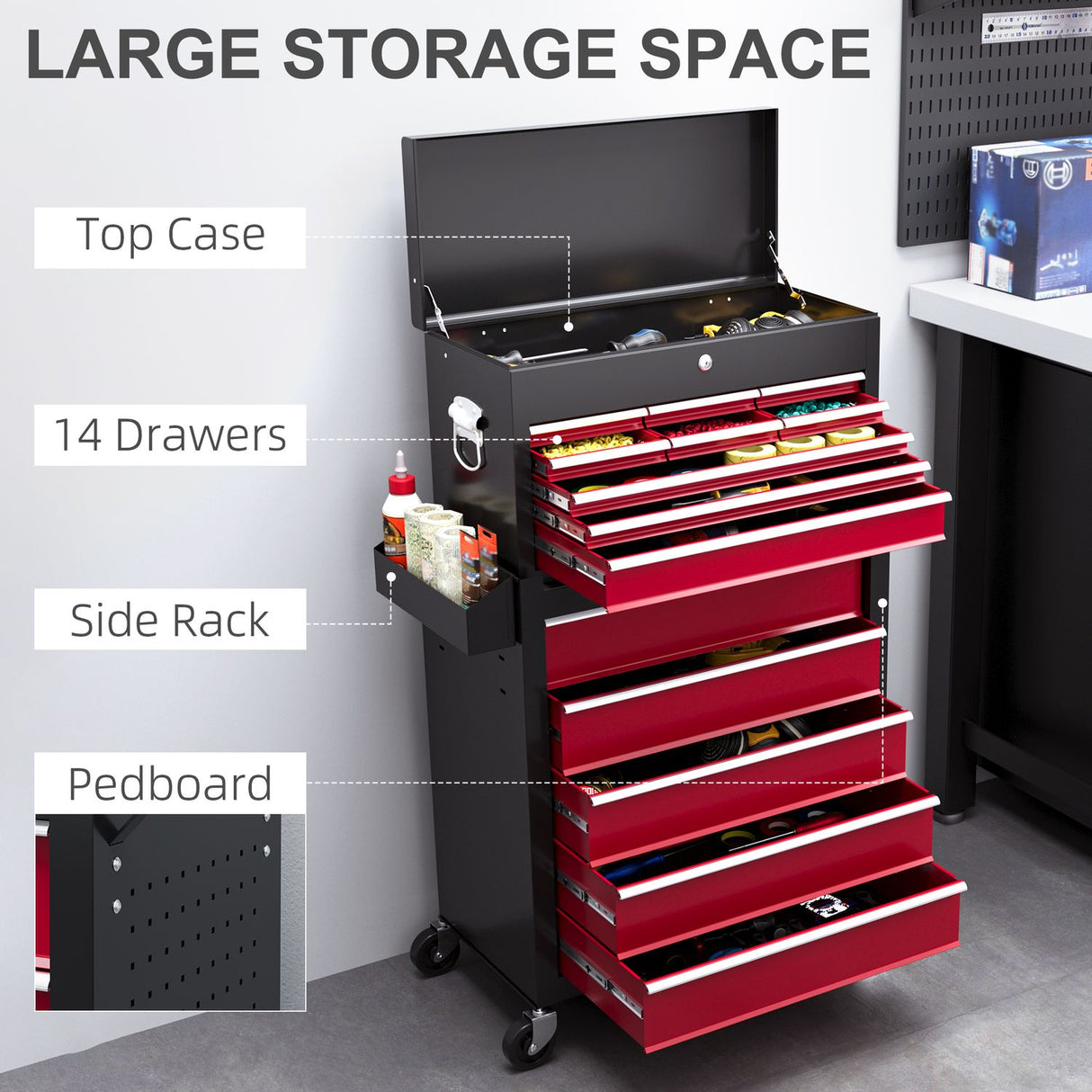 Rolling Tool Chest Lockable Roller Cabinet with with 14 Drawers Red - B20-108V00RD