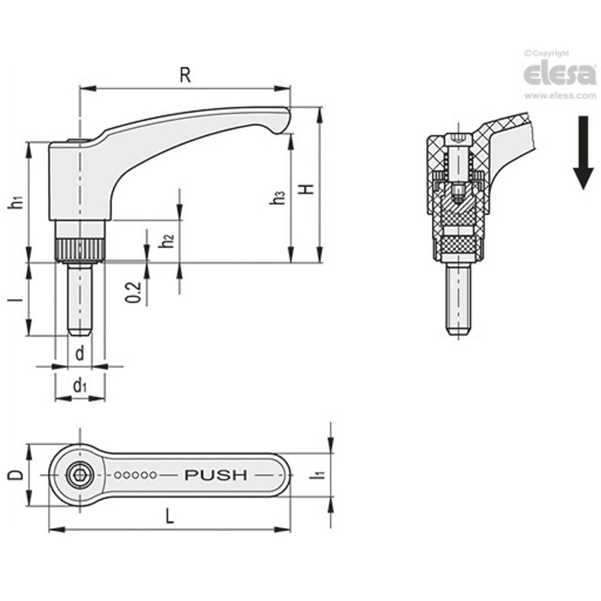 Safety adjustable handle-ERS.44 p-M6x16