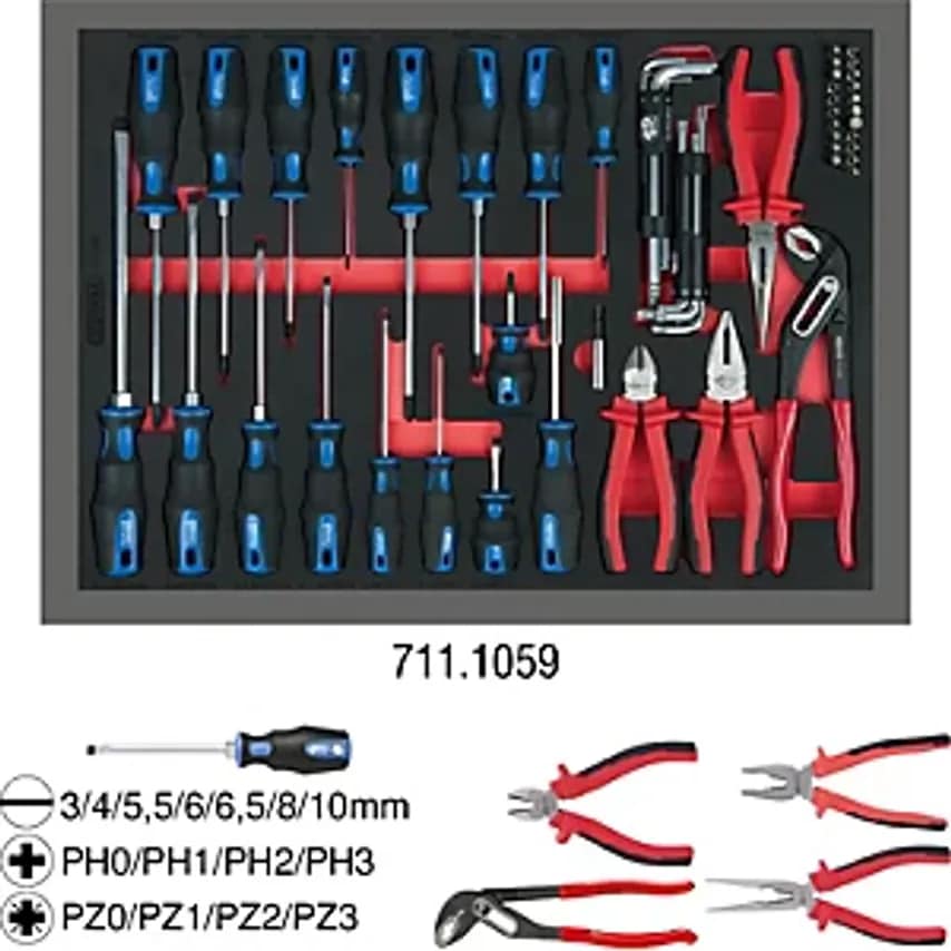 Screwdriver and Pliers Set 59 Parts Full Drawer Inlay