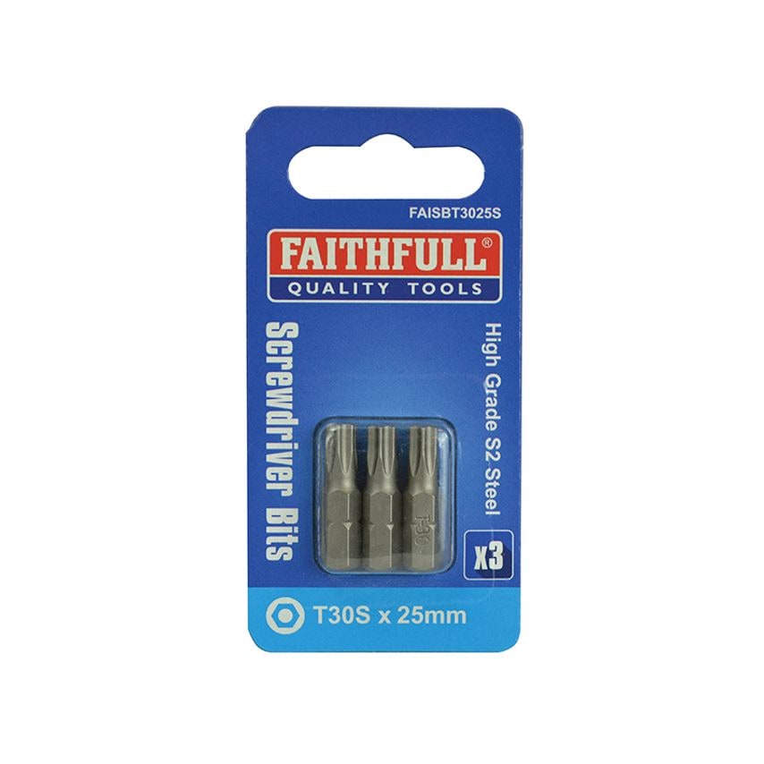 Security S2 Grade Steel Screwdriver Bits T30S x 25mm (Pack 3) FAISBT3025S