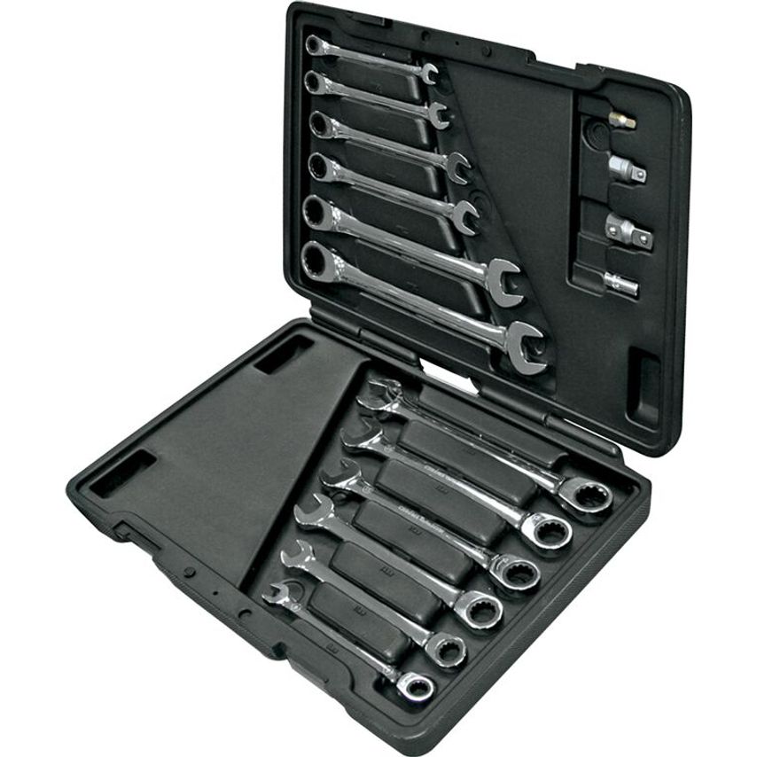 Set of 16 Pieces Mastergear Combination Ratchet Wrenches 8-19mm and Adapters