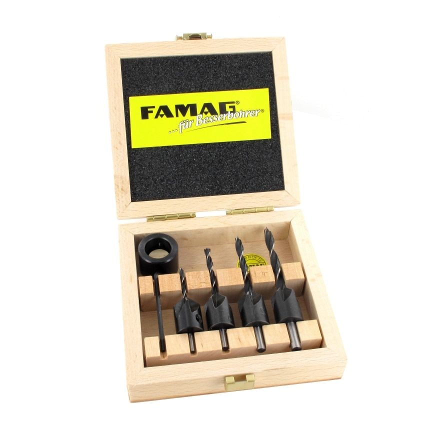 Set of Drill Bits Type 3500 3, 4, 5, 6 with Countersinks Type 2100+DEPTH Adjusting Collar, in Wooden Case, F357450400