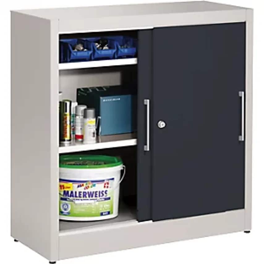 Sliding Door Cupboard, Height 1000mm, With 2 Shelves, Depth 420mm, Doors Charcoal RAL 7016