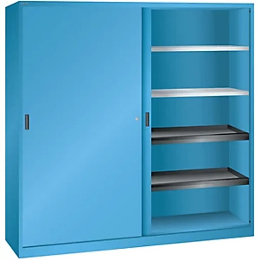 Sliding Door Cupboard With Solid Panel Doors, 4 Shelves, 4 Pull-Out Shelves, Light Blue