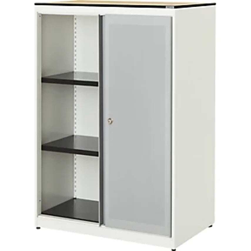 Sliding Door Cupboard - Acoustically Effective - Solid Core Panel, HxWxD 1168 X 800 X 432mm, 2 Shelves, Pure White/White Aluminium/Maple