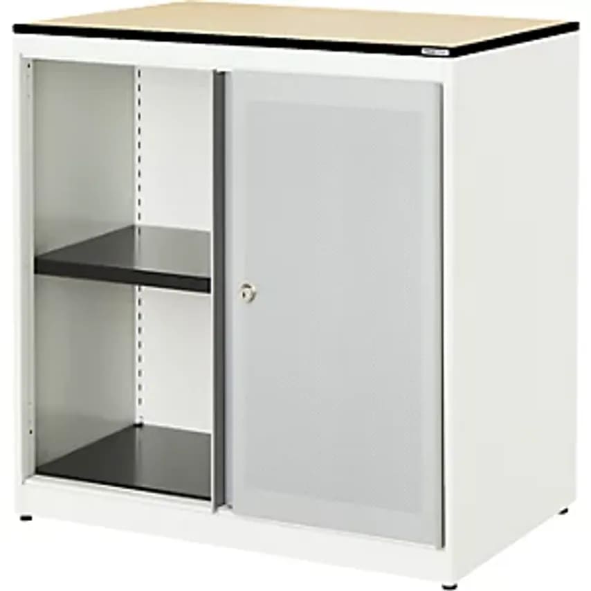 Sliding Door Cupboard - Acoustically Effective - Solid Core Panel, HxWxD 818 X 800 X 432mm, 1 Shelf, Pure White/White Aluminium/Maple