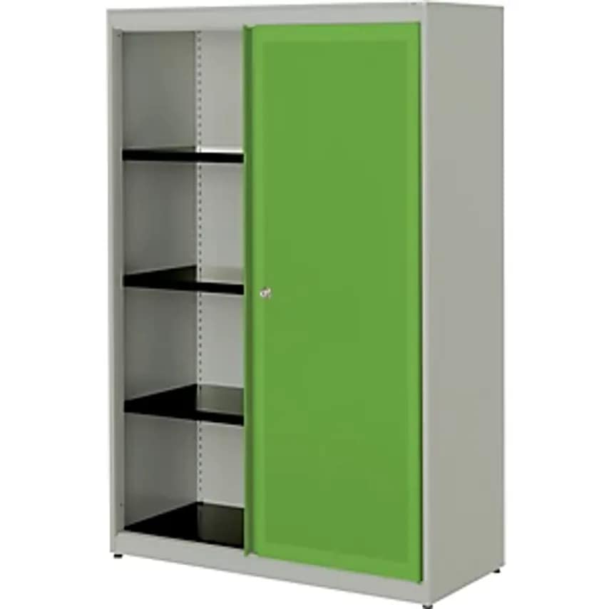 Sliding Door Cupboard - Acoustically Effective - Steel Plate, HxWxD 1516 X 1000 X 432mm, 3 Shelves, White Aluminium/Yellow Green/White Aluminium