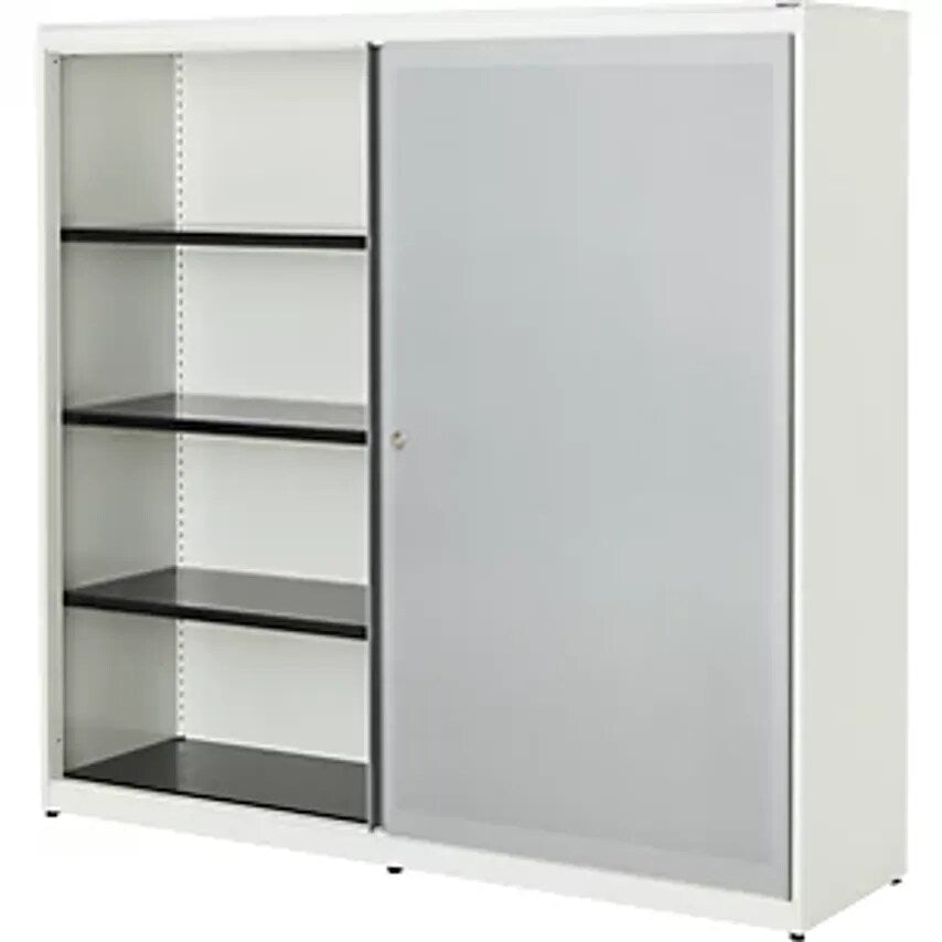 Sliding Door Cupboard - Acoustically Effective - Steel Plate, HxWxD 1516 X 1600 X 432mm, 2 X 3 Shelves, Pure White/White Aluminium/Pure White