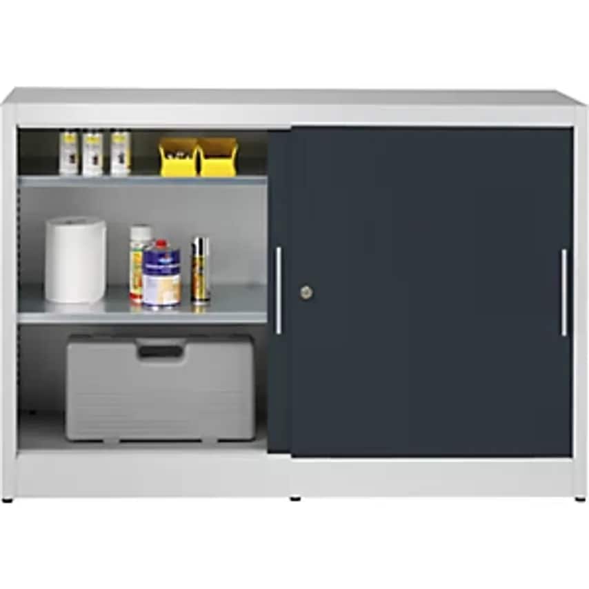 Sliding Door Cupboard - Height 1000mm - With Centre Partition And 2 X 2 Shelves, Width 1500mm, Depth 420mm, Doors Charcoal RAL 7016