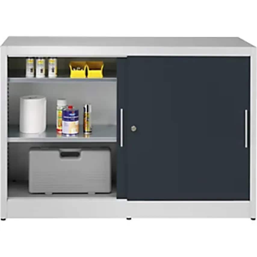Sliding Door Cupboard - Height 1000mm - With Centre Partition And 2 X 2 Shelves, Width 1500mm, Depth 500mm, Doors Charcoal RAL 7016