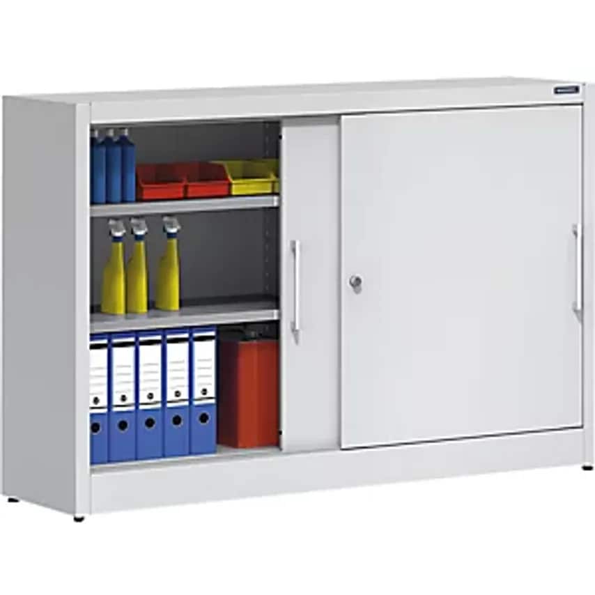 Sliding Door Cupboard - Height 1000mm - With Centre Partition And 2 X 2 Shelves, Width 1500mm, Depth 600mm, Doors In Light Blue RAL 5012