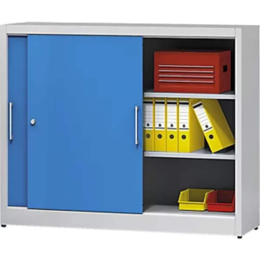 Sliding Door Cupboard - Height 1200mm - With Centre Partition And 2 X 2 Shelves, HxW 1200 X 1500mm, Depth 500mm, Doors In Light Blue RAL 5012
