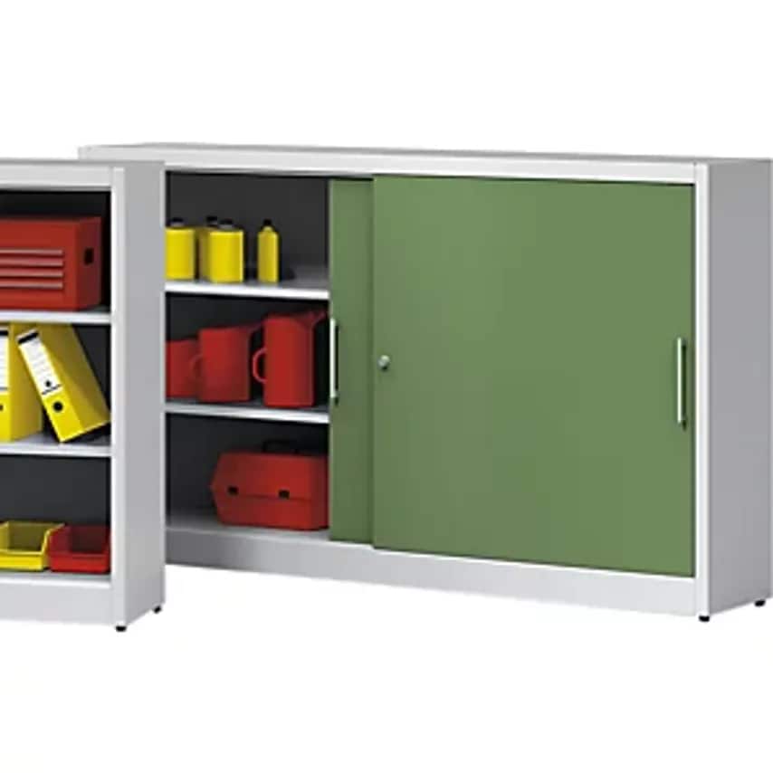 Sliding Door Cupboard - Height 1200mm - With Centre Partition And 2 X 2 Shelves, HxW 1200 X 2000mm, Depth 420mm, Doors In Light Grey RAL 7035