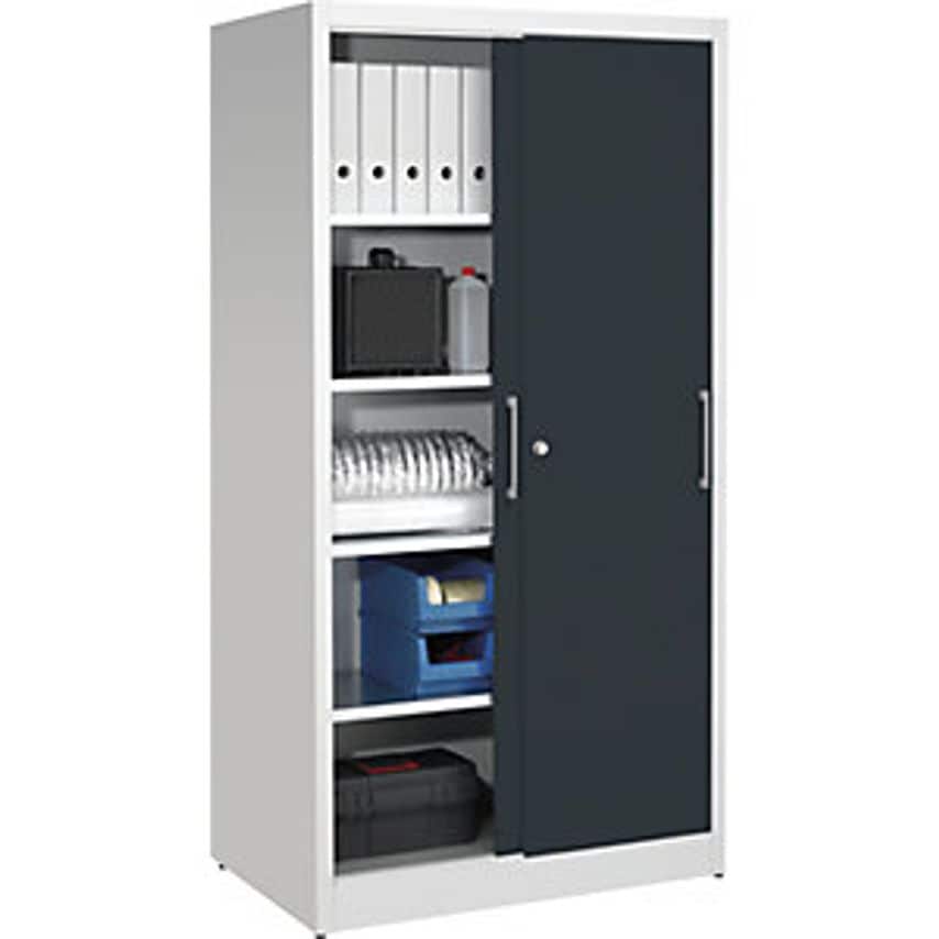 Sliding Door Cupboard - Height 1950mm - With 4 Shelves, Width 1000mm, Depth 600mm, Doors Charcoal RAL 7016