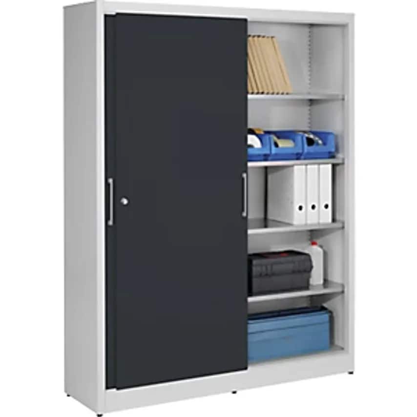 Sliding Door Cupboard - Height 1950mm - With Centre Partition And 2 X 4 Shelves, Width 1500mm, Depth 420mm, Doors Charcoal RAL 7016