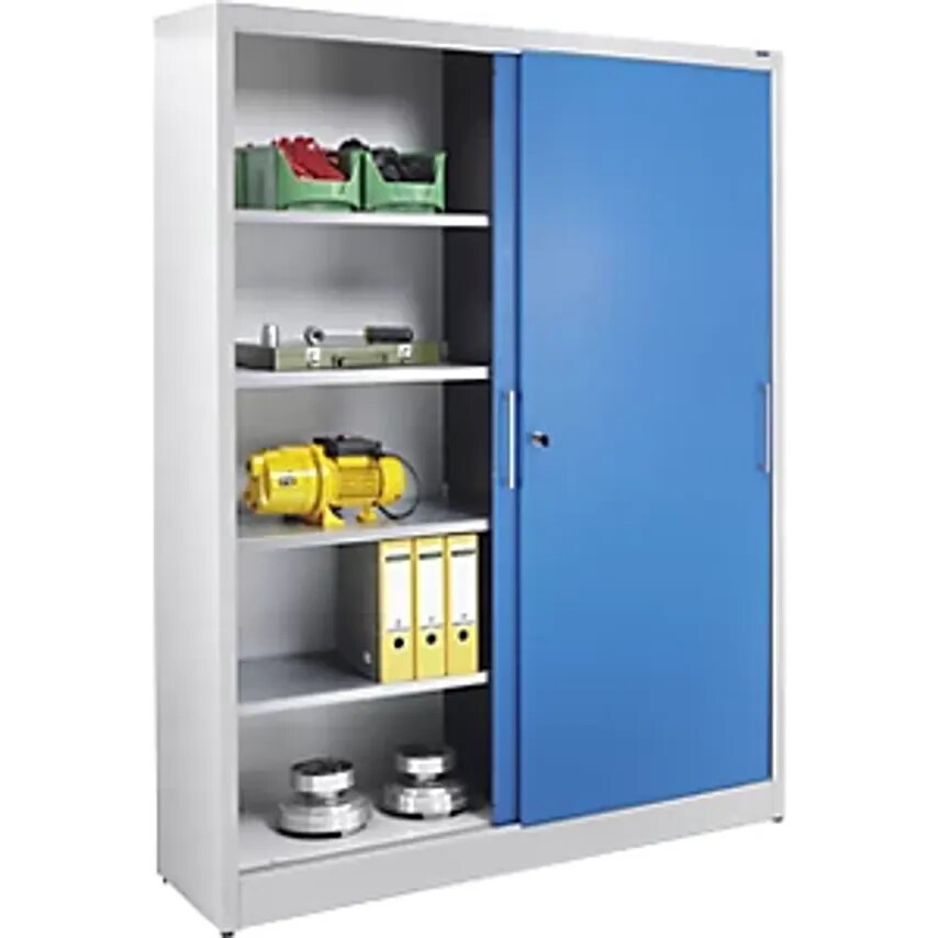 Sliding Door Cupboard - Height 1950mm - With Centre Partition And 2 X 4 Shelves, Width 1500mm, Depth 420mm, Doors In Light Grey RAL 7035