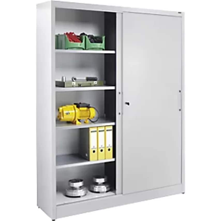 Sliding Door Cupboard - Height 1950mm - With Centre Partition And 2 X 4 Shelves, Width 1500mm, Depth 500mm, Doors In Light Grey RAL 7035