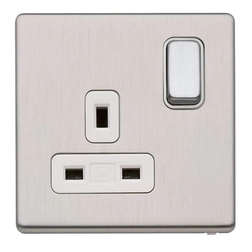 Socket 1 Gang Switched DP Brushed Stainless Steel White Inserts