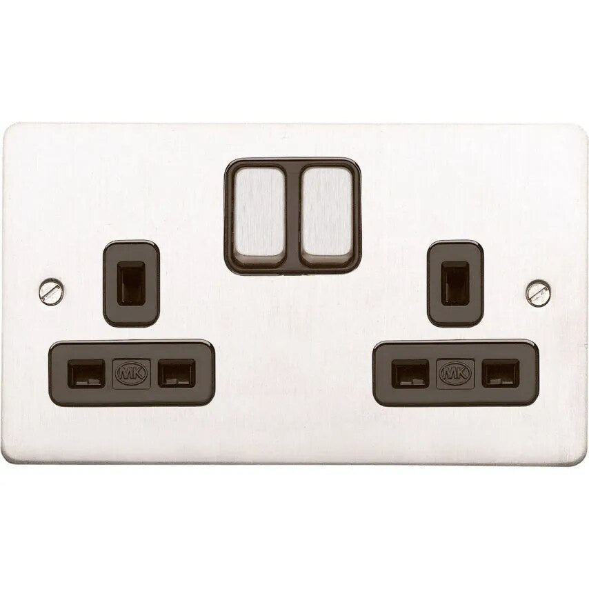 Socket 2G Switch DP Dual Earth 13A Brushed SS Black Inserts