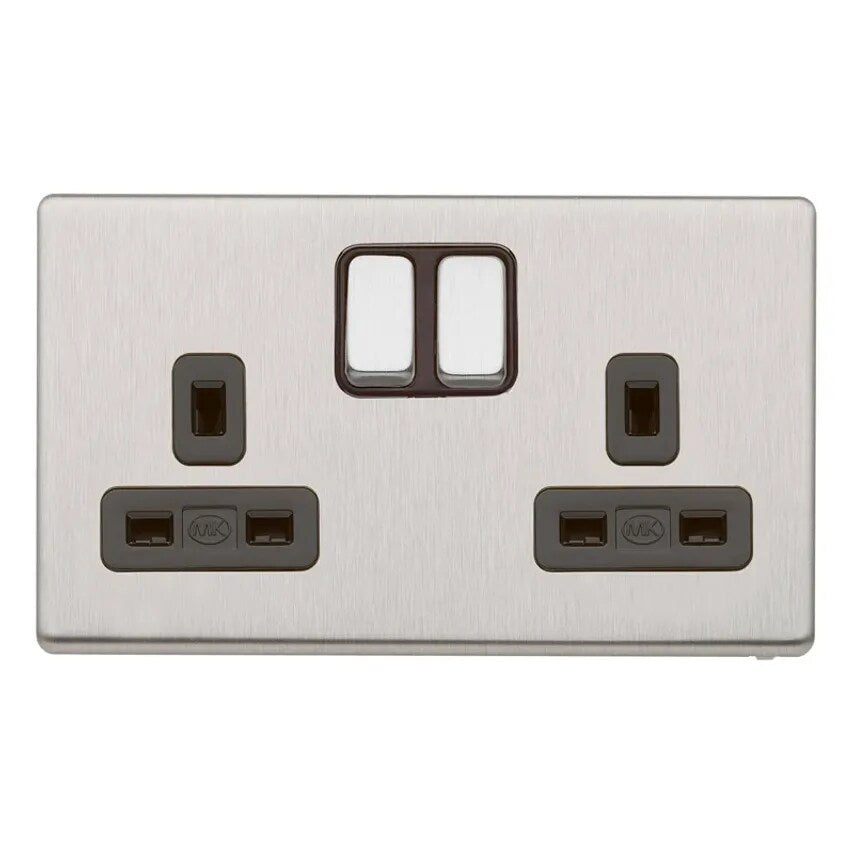 Socket 2G Switched DP Brushed Stainless Steel Black Inserts