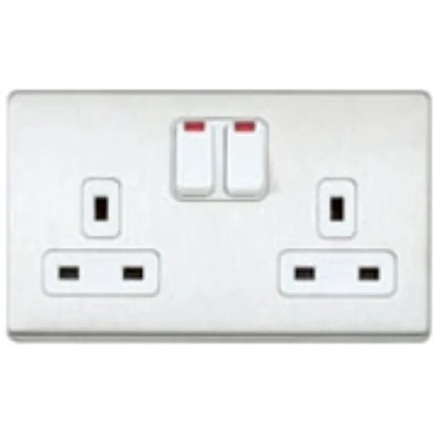 Socket 2 Gang Switched DP Lacquered Brushed Stainless Steel White Inserts