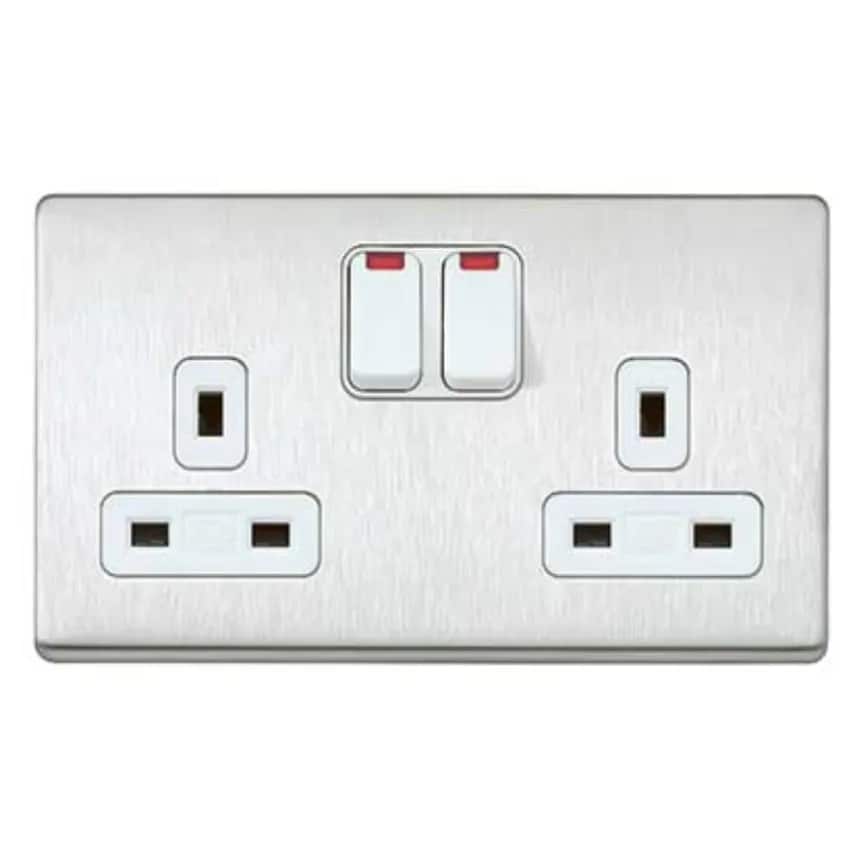 Socket 2 Gang Switched DP Neon Dual Earth 13A Brushed Stainless Steel WH