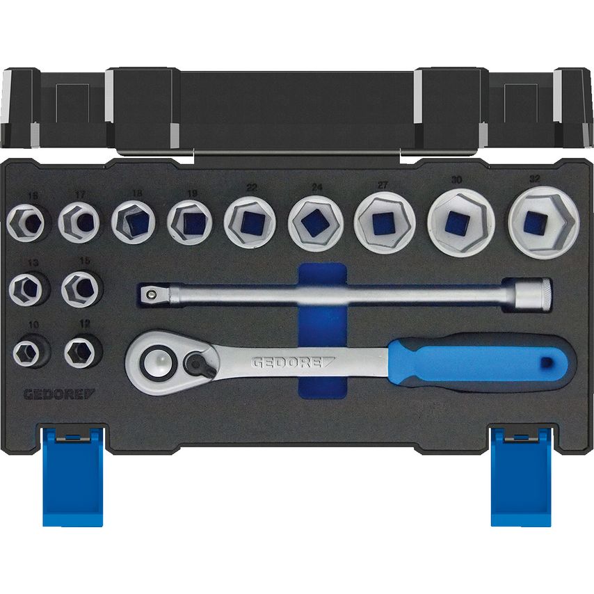 Socket set 1/2" 15pcs hex 10-32mm