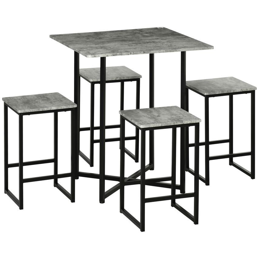 Square Bar Table with Stools Concrete Effect Kitchen Table Set for 4 People Grey