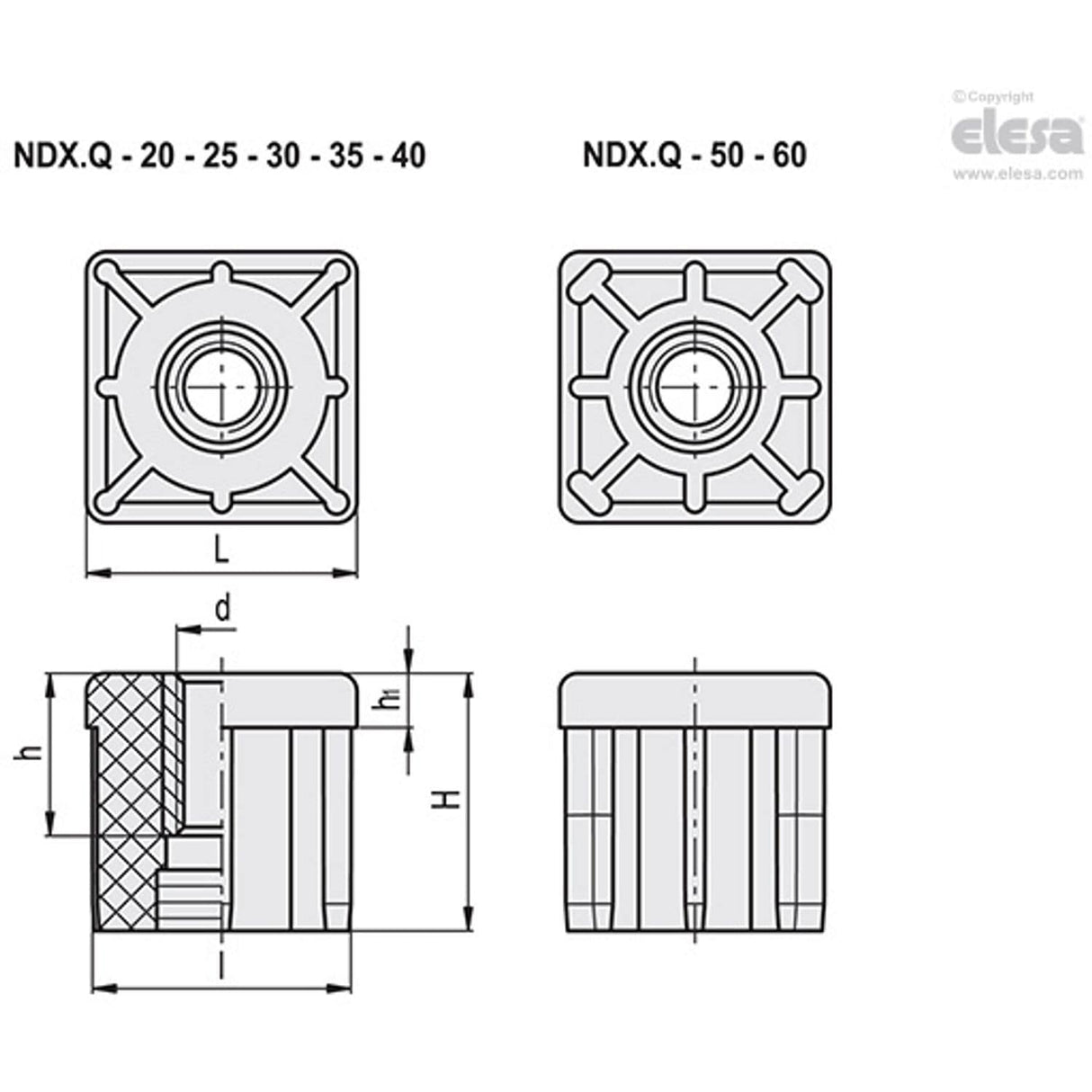 Square end-cap for tube-NDX.Q-25x2-M10