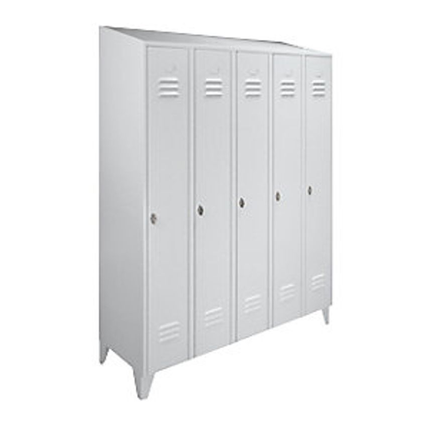 Steel Cupboard With Sloping Top - Full Height Compartments - Total Width 1500mm, 5 Compartments, Light Grey RAL 7035