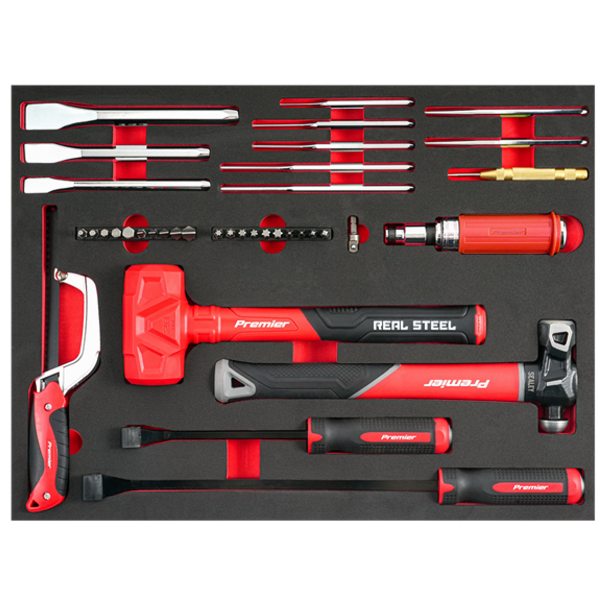 Striking, Pry Bar, Hacksaw & Impact Screwdriver Set with Tool Tray 39 Piece