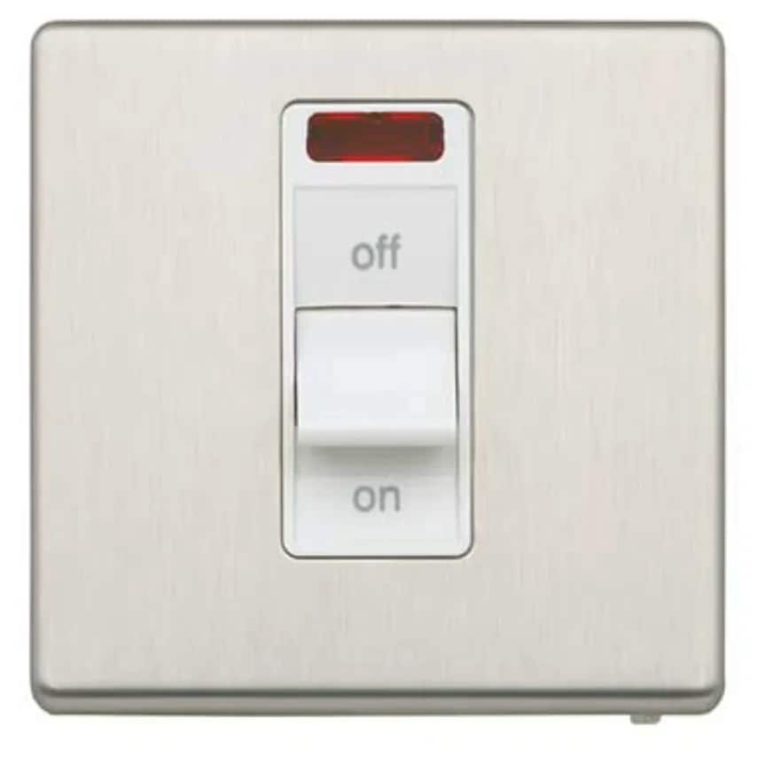 Switch 1 Gang DP Neon 32A Brushed Stainless Steel White Inserts