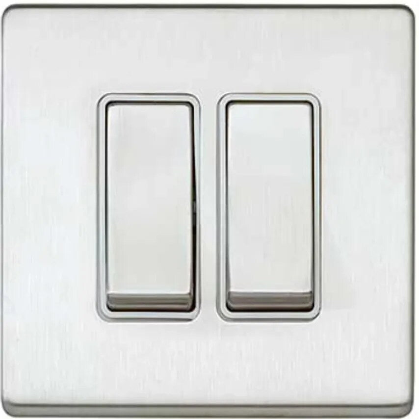 Switch 2 Gang SP 2 Way Rocker Large 20A Brushed Stainless Steel White In