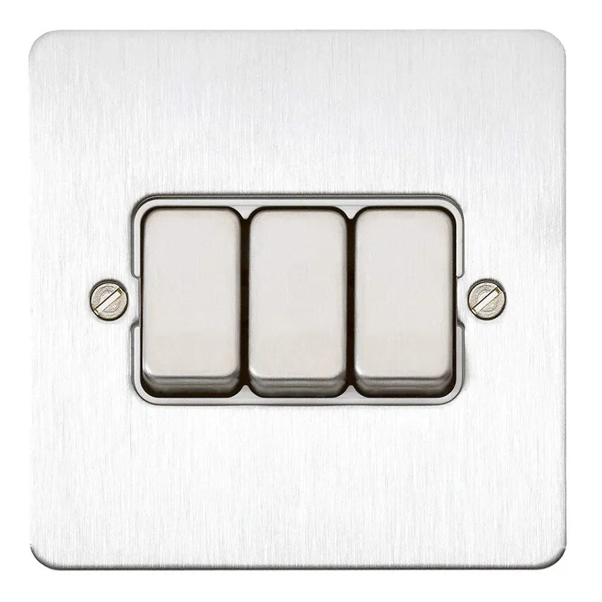 Switch 3 Gang 2 Way SP 10A Brushed Stainless Steel White Insert