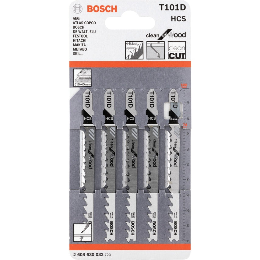 T101 D Clean for Wood Jigsaw Blades - 2 608 630 032, Pack of 5