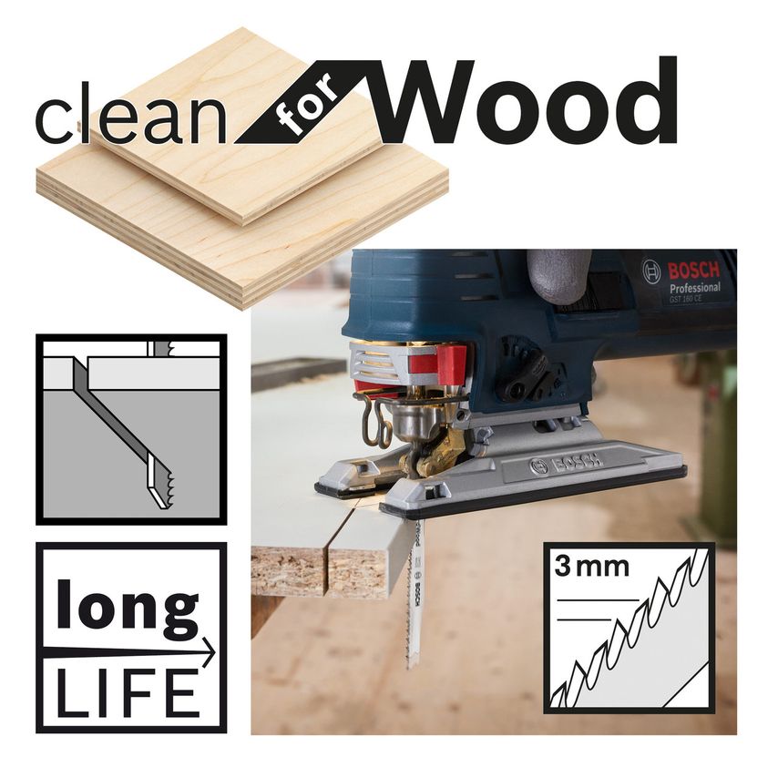 T301CD (2608637590) Clean for Wood Jigsaw Blades (Pack of 5