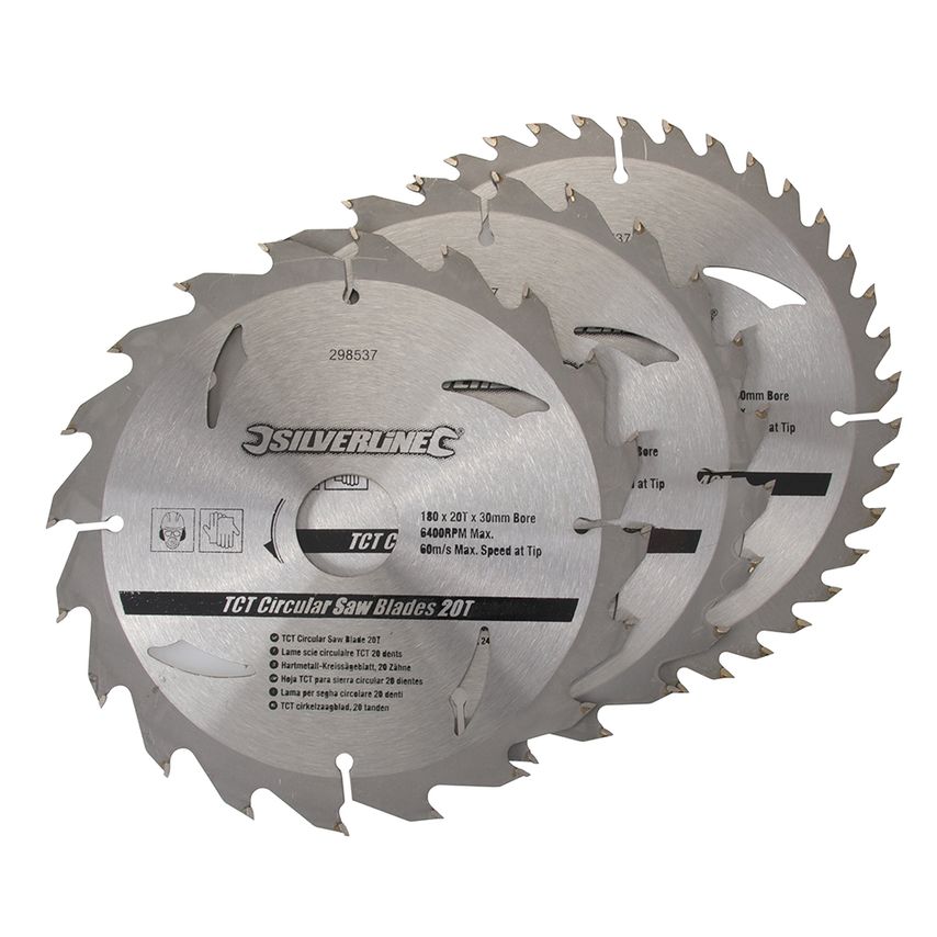 TCT Circular Saw Blades (Pack of 3) 180 x 30 to 20, 16mm Rings