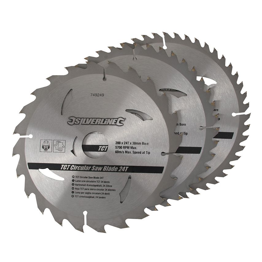 TCT Circular Saw Blades (Pack of 3) 200 x 30 to 25, 18, 16mm Rings
