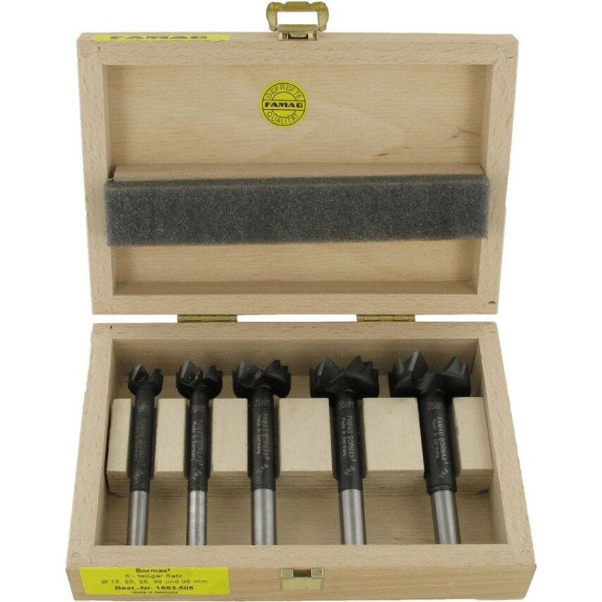 Tct-bormax Forstner Bit Carbide-tipped, Set of 5 Pieces, 15, 20, 25, 30, 35mm, in Wooden Box, F166350500