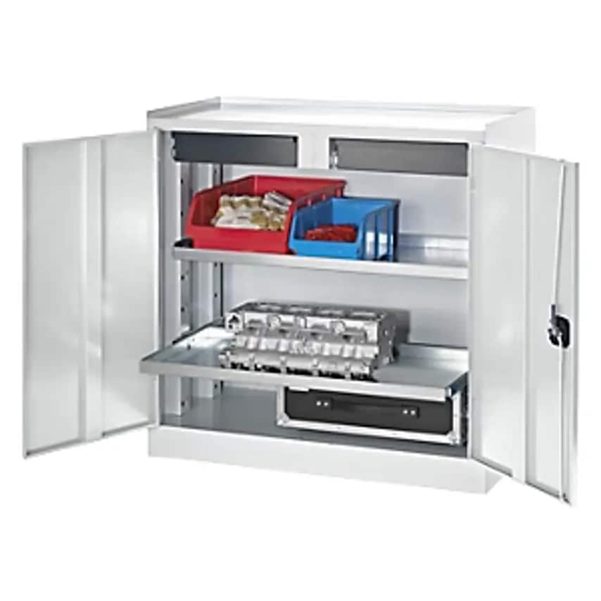 Tool And Side Cupboard, 2 Drawers, 2 Full Length Shelves, Light Grey Doors