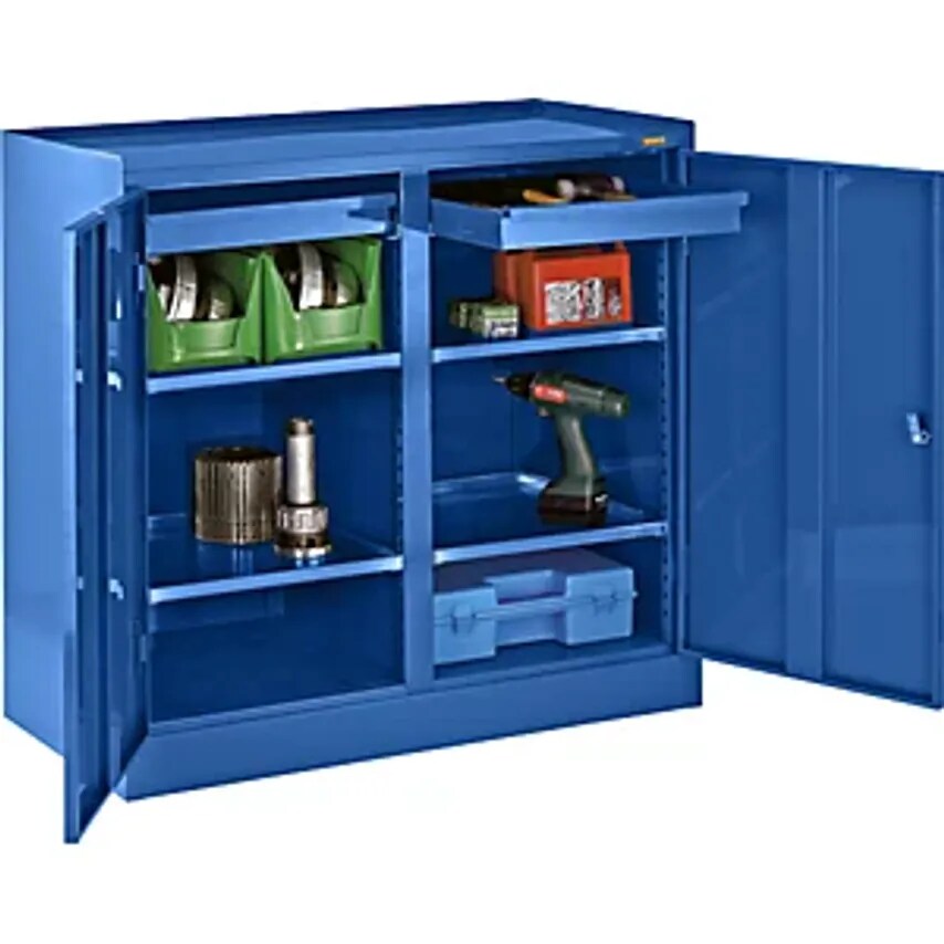 Tool Cupboard, With Centre Partition, 2 Drawers, 4 Shelves, Gentian Blue RAL 5010