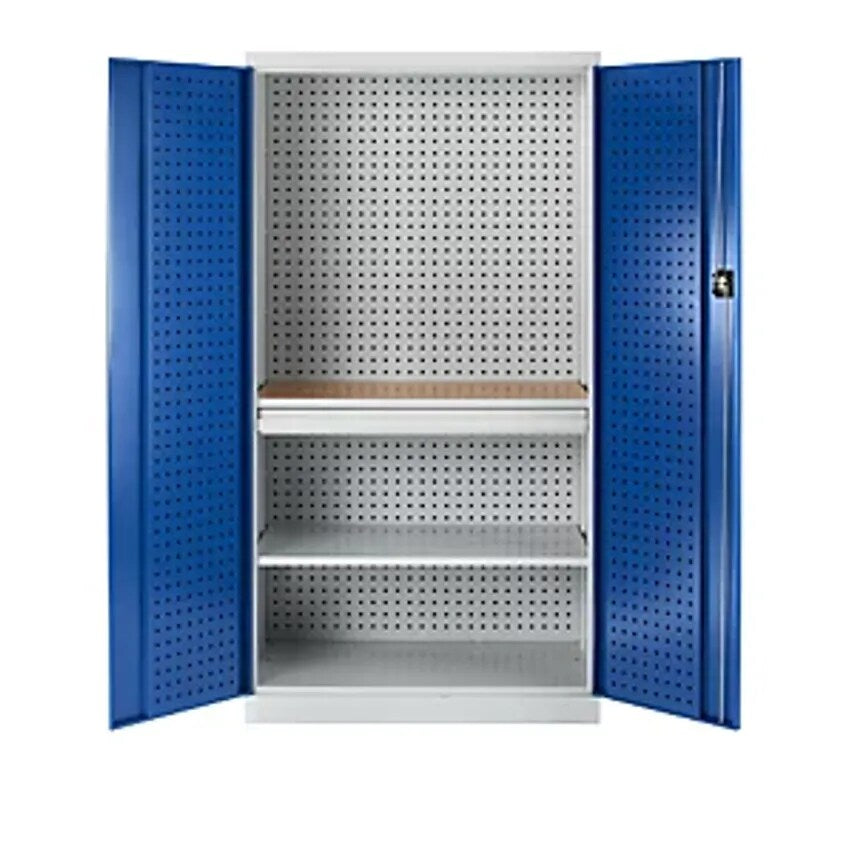 Tool Cupboard With Perforations, 1 Drawer, 1 Shelf, 1 Worktop, Gentian Blue Doors