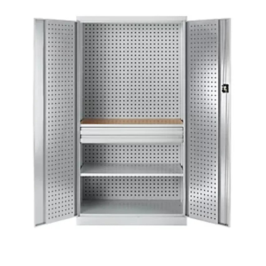 Tool Cupboard With Perforations, 2 Drawers, 1 Shelf, 1 Worktop, Light Grey Doors