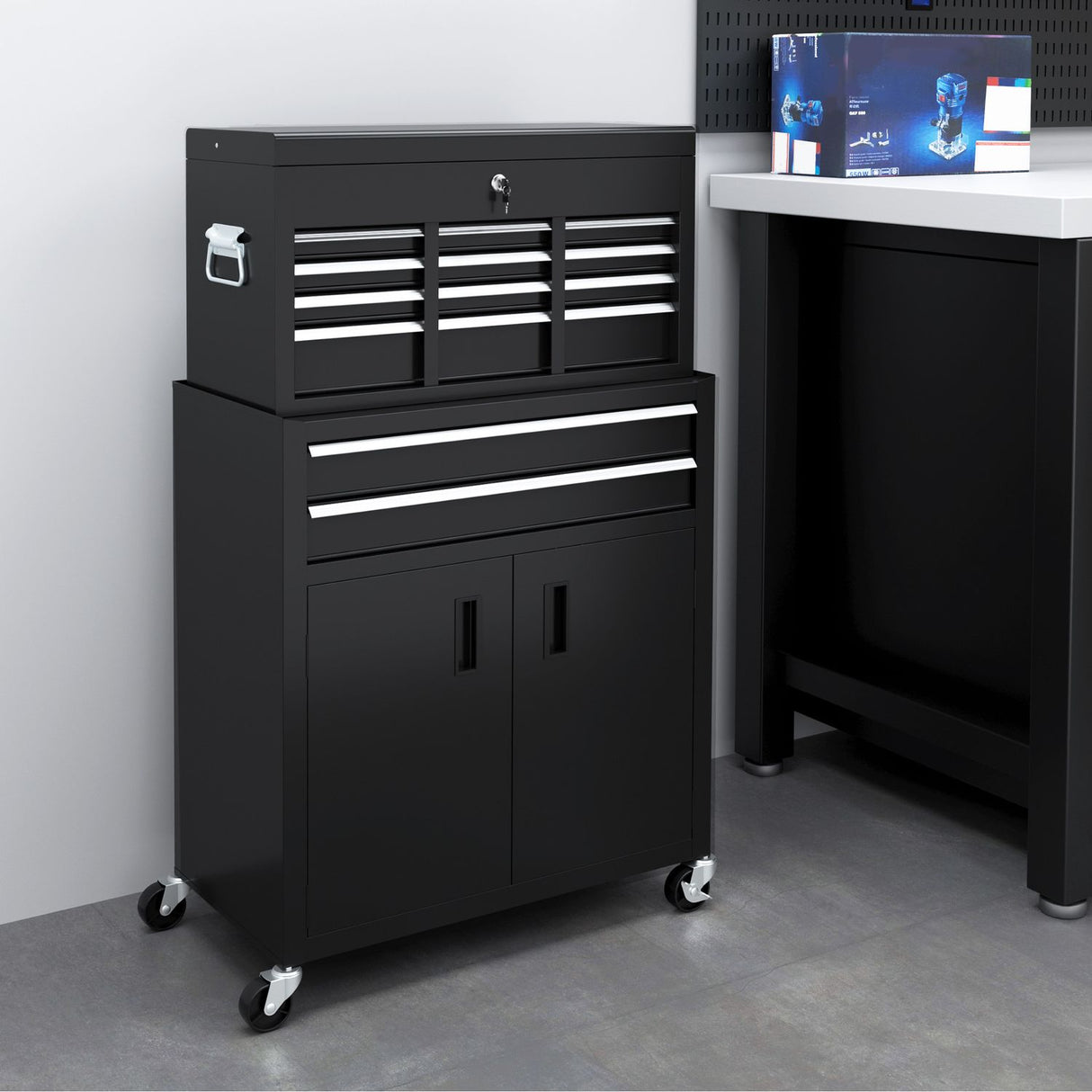 Top Chest and Roller Cabinet Combo Metal Tool Cabinet on Wheels Black - B20-109V00BK