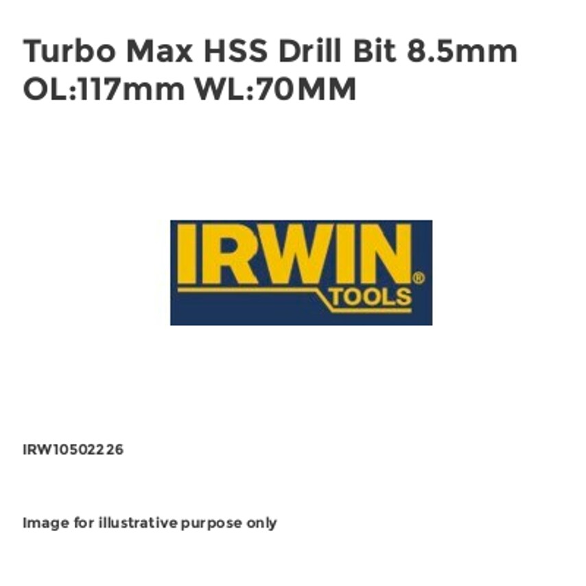 Turbo Max HSS Drill Bit 8.5mm OL:117mm WL:70MM IRW10502226