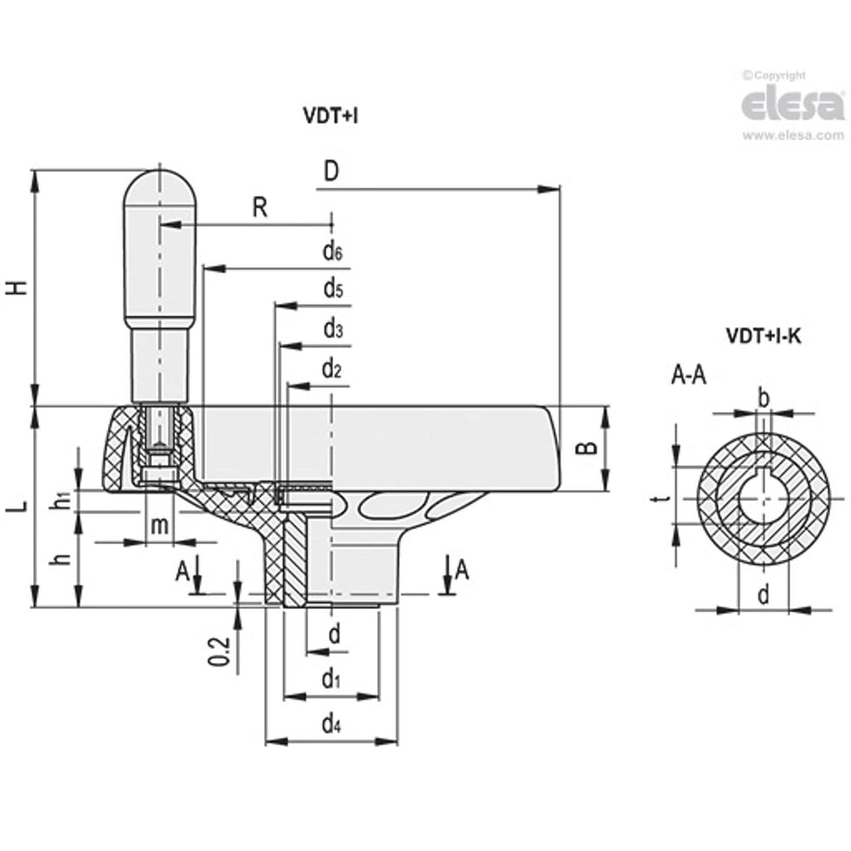 VDT Solid handwheels Technopolymer Revolving handle VDT.100+I A-10-K