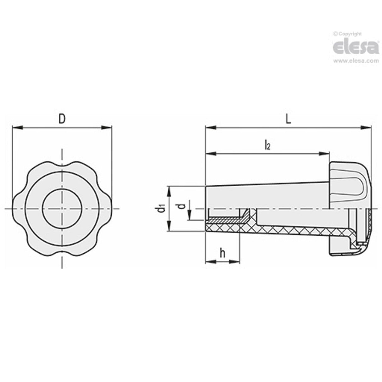 VTL Lobe knobs Technopolymer Brass boss threaded hole VTL.50/80 B-M10-C2