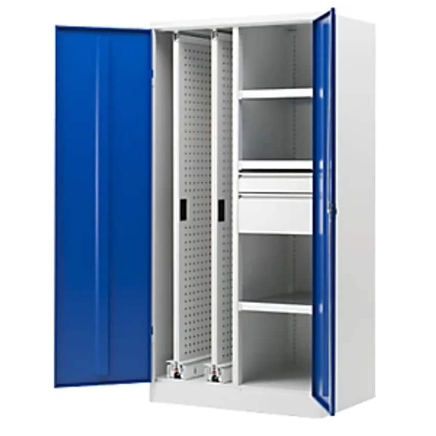 Vertical Pull-Out Cupboard, With 2 Pullouts, 2 Drawers And 3 Shelves, Light Grey/Gentian Blue