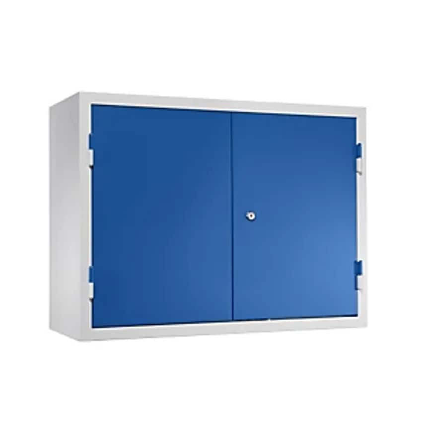 Wall Mounted Cupboard For The Workshop - HxWxD 600 X 800 X 320mm - Solid Panel Doors, With 2 Shelves + 2 Drawers, Gentian Blue RAL 5010